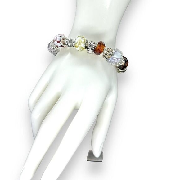 Charm Bracelet Glass Beads Metal Spacer Rib Style Chain Link - Picture 1 of 8